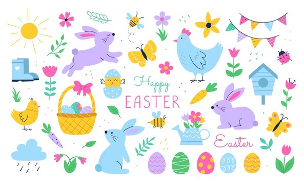 Happy Easter abstract concept. Colorful set of stickers with rabbit, painted eggs, flowers, butterflies, garland and basket. Greeting card. Cartoon flat vector collection isolated on white background