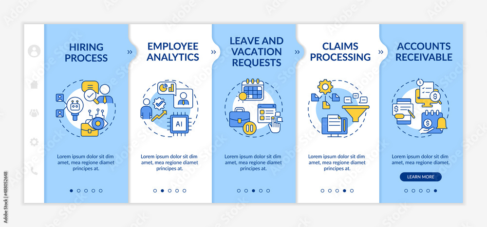 Poster examples of automation in business blue and white onboarding template. responsive mobile website wit