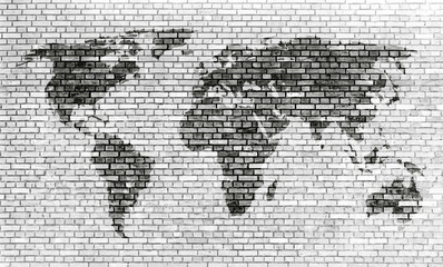 Fototapeta na wymiar world map on grunge brick wall background