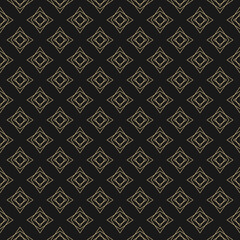 Golden vector seamless pattern with small linear diamond shapes, stars, rhombuses, crystals. Abstract black and gold geometric texture. Simple elegant ornament background. Modern repeat geo design
