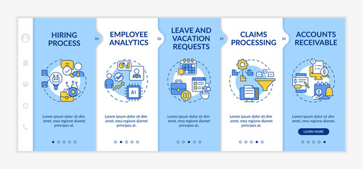 Examples of automation in business blue and white onboarding template. Responsive mobile website with linear concept icons. Web page walkthrough 5 step screens. Lato-Bold, Regular fonts used