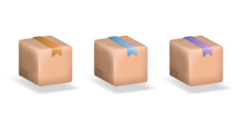 Obraz premium Set of three-dimensional cartoon closed cardboard boxes with colorful ribbons with shadow isolated on white background. Brown carton delivery or gift boxes in perspective view. Vector EPS 10