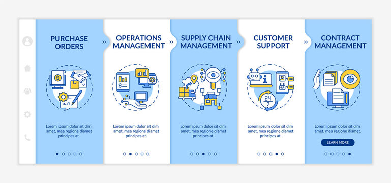 Automation in business blue and white onboarding template. Autonomous operation. Responsive mobile website with linear concept icons. Web page walkthrough 5 step screens. Lato-Bold, Regular fonts used