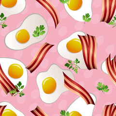 Seamless cartoon pattern with fried eggs, bacon slices and green herbs (parsley) on pink background. Colorful yummy wrapping paper, wallpaper or background with breakfast/brunch/lunch in top view.