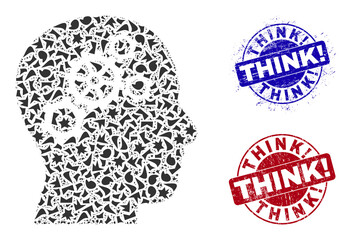 Round THINK! dirty seals with caption inside round shapes, and fragment mosaic brain gears icon. Blue and red stamp seals includes THINK! tag. Brain gears mosaic icon of fraction items.
