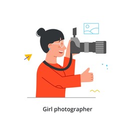 Professional photographer or cameramen concept. Woman with glasses holds digital camera and takes pictures. Female character adjusts focus and gives thumbs up. Cartoon flat vector illustration