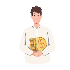 man holds stack of coins
