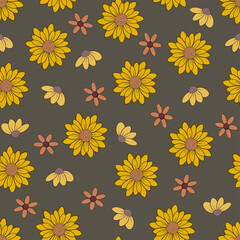 Seamless 70's retro hippie flowers pattern - Vintage groovy all over floral daisy print