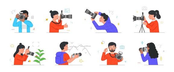 Set of professional photographers or cameramen at work. Men and women hold digital cameras and take beautiful photos of nature or people. Cartoon flat vector collection isolated on white background