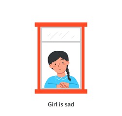 Person spending time at home near window concept. Little girl looks at street and sad. Child misses friends and walks in park. Bad mood and emotions. Cartoon flat vector illustration in doodle style