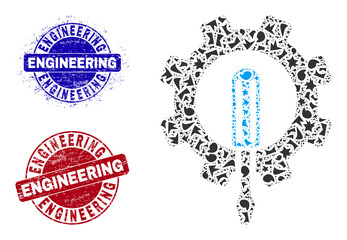 Round ENGINEERING unclean seals with word inside round shapes, and spall mosaic engineering icon. Blue and red seals includes ENGINEERING text. Engineering mosaic icon of debris elements.