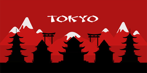 Tokyo.. city ​​silhouette.Welcome to Japan. Vector silhouette Tokyo with red mountains and black sights. Tokyo Japan city skyline vector silhouette.Travel to Japan. Japanese landscape © Юлия Яковлева
