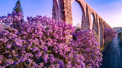 Acueducto de Querétaro en Primavera, Jacaranda México. Los Arcos