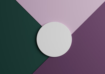 White circle stand or podium for product display. Top view 3D render of minimal colorful gark green, purple and violet paper composition background with copy space