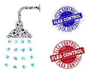 Round FLEA CONTROL grunge stamp seals with word inside round shapes, and shard mosaic shower icon. Blue and red stamp seals includes FLEA CONTROL caption. Shower collage icon of debris items.