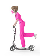 nurse girl is riding a electric scooter side view