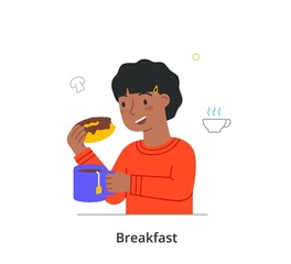 Kid having breakfast or lunch meals concept. Little girl holds mug, eats delicious chocolate donut and drinks hot tea. Delicious and healthy food. Cartoon flat vector illustration in doodle style