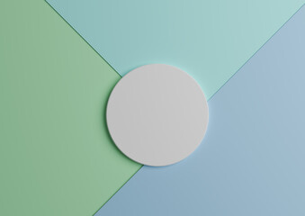 White circle stand or podium for product display. Top view 3D render of minimal colorful pastel light green and blue paper composition background with copy space