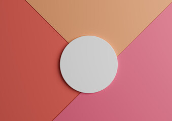 White circle stand or podium for product display. Top view 3D render of minimal colorful pink and orange paper composition background with copy space