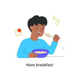 Kid having breakfast or lunch meals concept. Smiling boy holds spoon and eats delicious pasta. Italian cuisine. Healthy food for schoolboy. Cartoon modern flat vector illustration in doodle style
