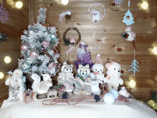 winter background with snowman squirrels owl birds decor and snow