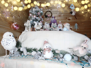winter background with snowman squirrels owl birds decor and snow