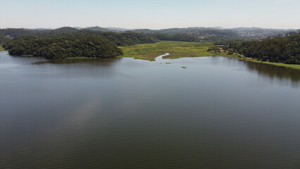 Aerial drone footage of ribeirão pires dam in brazil