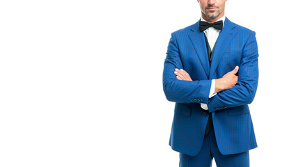 cropped man in bow tie blue suit. businessman isolated on white. gentleman in formalwear. copy space