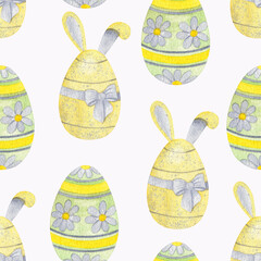 Watercolor seamless pattern with Easter eggs. Eggs with bunny ears