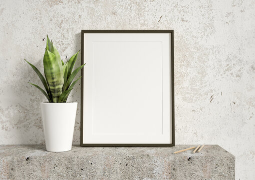 Single 8x10 Vertical Black Frame mockup on a stone shelf with green plant and white vase. Loft style frame mockup and decorations. 3D Rendering
