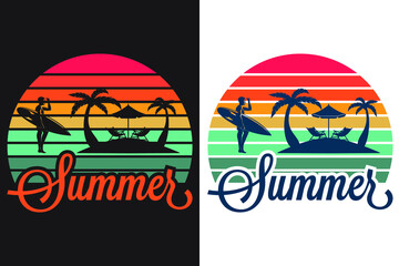 Summer sunset distressed vector t-shirt design with palm trees silhouette and phrase "Summer vibes". Can be used for dark and light shirts