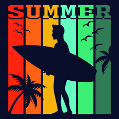 Summer T-shirt Design " Summer time for surfing " posters, party invitations. Retro futuristic sun. Synthwave and retrowave style. Vector illustratio