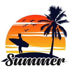 Summer t-shirt design template, Palm tree and sunset. Tropical live. Fashion illustration design
