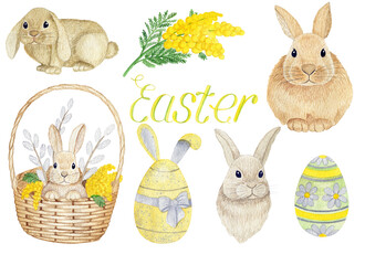 Watercolor set. Set of Easter elements and symbols. Rabbits, mimosa, easter eggs
