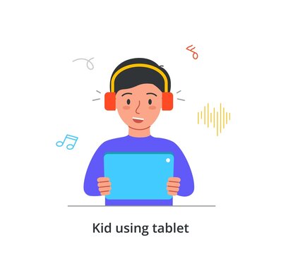 Kid using gadgets abstract concept. Boy with headphones holding digital tablet, listening to music, podcast or watching movie. Modern technologies. Cartoon flat vector illustration in doodle style