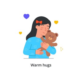 Warm hugs with toy concept. Little girl embracing with her teddy bear and smiles. Favorite toy. Manifestation of tenderness. Game and entertainment. Cartoon flat vector illustration in doodle style