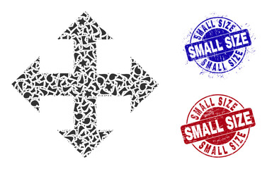 Obraz premium Round SMALL SIZE scratched badges with tag inside round shapes, and fragment mosaic expand icon. Blue and red stamps includes SMALL SIZE tag. Expand mosaic icon of fragment elements.