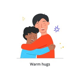 Warm hugs between parents and children concept. Smiling man embracing his little son and smiles. Young father loves and takes care of his child. Cartoon flat vector illustration in doodle style