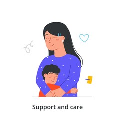 Warm hugs between parents and children concept. Young smiling mother embracing her little son and takes care of him. Happy woman loves her child. Cartoon flat vector illustration in doodle style