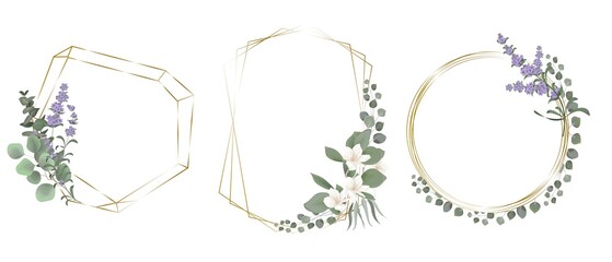Vector flower set. Golden frames, lavender flowers, white sakura, magnolia, eucalyptus, green plants and leaves. Wedding design set © Alena