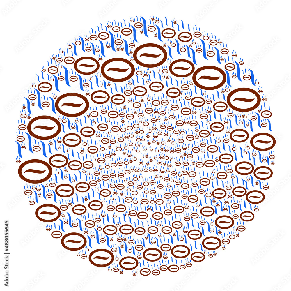 Poster coffee steam signs are combined into bubble group. coffee steam icon round mosaic. abstraction spher