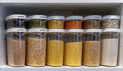 Plastic containers with various cereals and grains. Food storage concept.