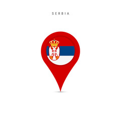 Teardrop map marker with flag of Serbia. Serbian flag inserted in the location map pin. Flat vector illustration isolated on white background.