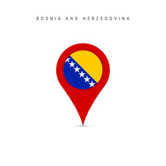 Teardrop map marker with flag of Bosnia and Herzegovina. Bosnian flag inserted in the location map pin. Flat vector illustration isolated on white background.