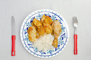 Chicken leg or thigh,potato, ripe plantain and green, with vegetable sauce (tomato, onion, garlic), rice and spices. Colombian food. Chicken stew. Colorful plate. Sudado de pollo. White background.