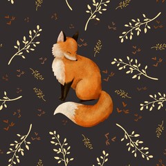 amazing stylish hand drawn seamless pattern. Forest orange colorful  fox with green branches on dark brown background