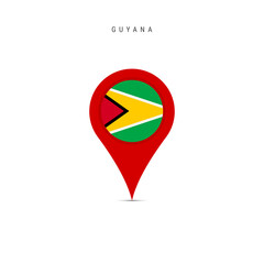 Teardrop map marker with flag of Guyana. Guyanese flag inserted in the location map pin. Flat vector illustration isolated on white background.