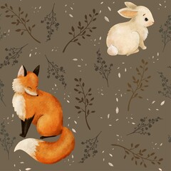 amazing stylish hand drawn seamless pattern. Forest orange colorful  fox and cute soft bunny with green branches on light brown background