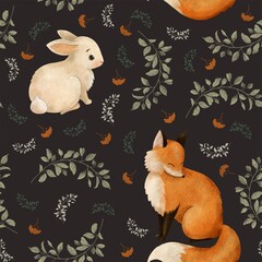 amazing stylish hand drawn seamless pattern. Forest orange colorful  fox and cute soft bunny with green branches on dark brown background