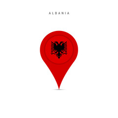 Teardrop map marker with flag of Albania. Albanian flag inserted in the location map pin. Flat vector illustration isolated on white background.